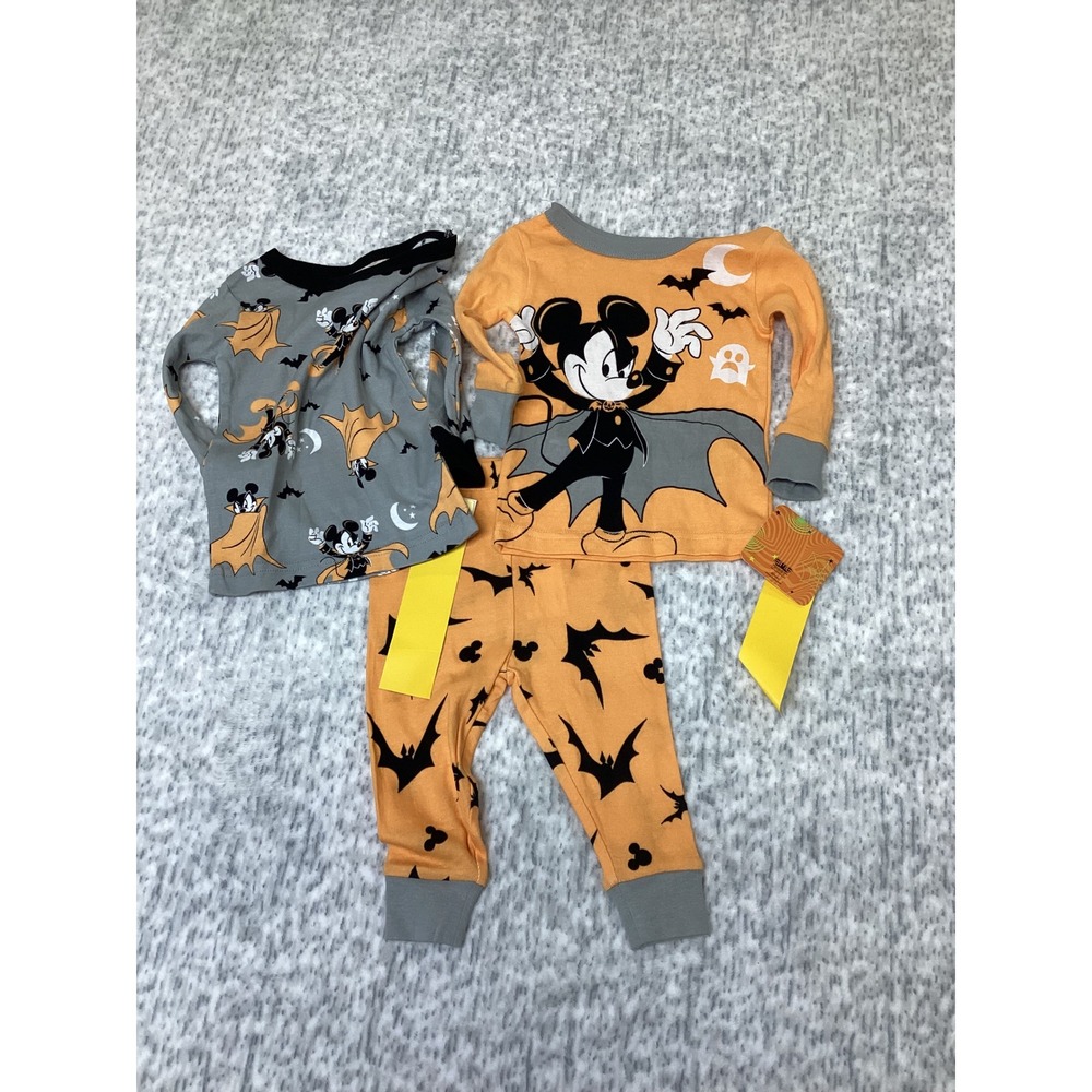 Disney Mickey Mouse Halloween 3pc Pajama Set Orange Grey Vampire 12M New